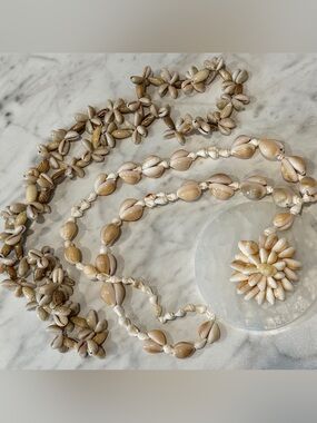Hand Crafted Neutral Cowrie Shell Necklace Set - Cream & Tan Accents